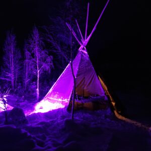 Violetiksi valaista kota lumisessa maisemassa